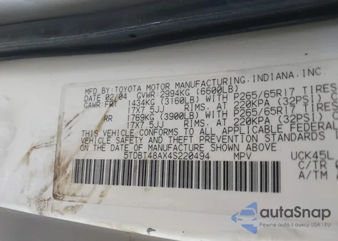 2004 Toyota Sequoia Limited V8 из США, поврежденный, VIN 5TDBT48AX4S220494